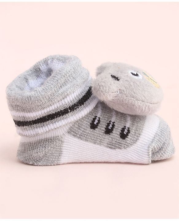 Cute Walk by Babyhug Socks With Large Bear Applique - Light Grey