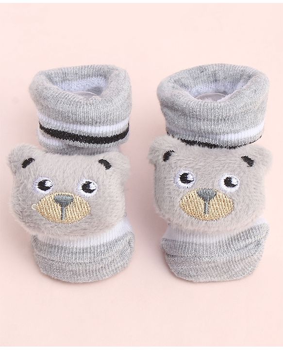 Cute Walk by Babyhug Socks With Large Bear Applique - Light Grey