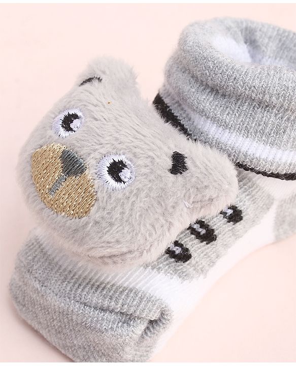 Cute Walk by Babyhug Socks With Large Bear Applique - Light Grey