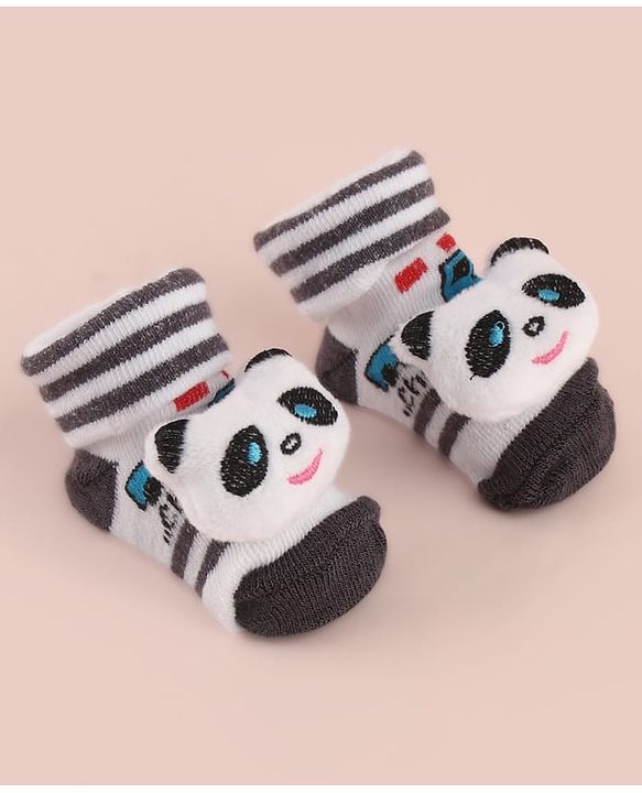 Cute Walk by Babyhug Socks with Large Panda Applique with Stripes & Vehicle Design - Black