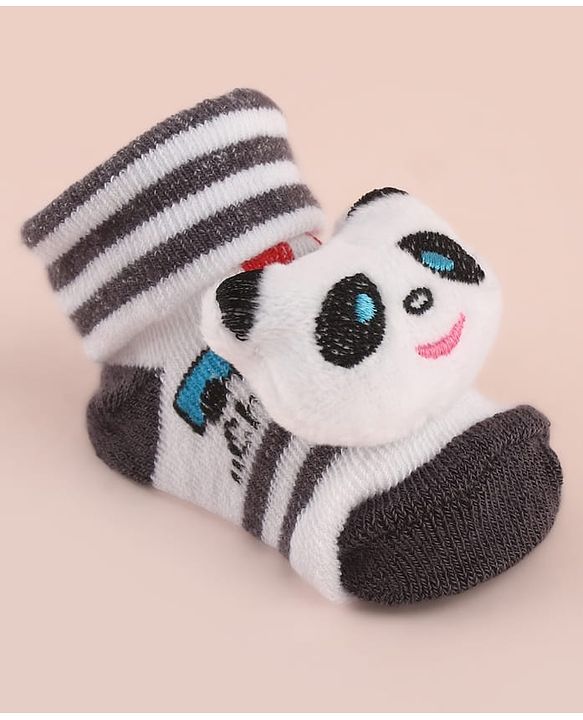 Cute Walk by Babyhug Socks with Large Panda Applique with Stripes & Vehicle Design - Black