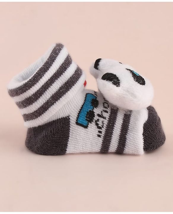 Cute Walk by Babyhug Socks with Large Panda Applique with Stripes & Vehicle Design - Black