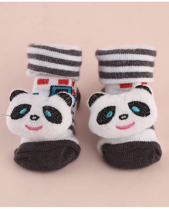 Cute Walk by Babyhug Socks with Large Panda Applique with Stripes & Vehicle Design - Black
