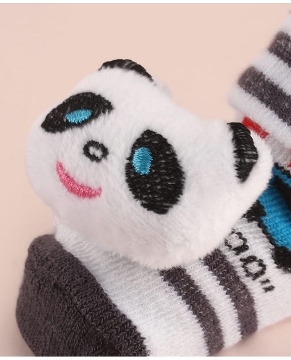 Cute Walk by Babyhug Socks with Large Panda Applique with Stripes & Vehicle Design - Black