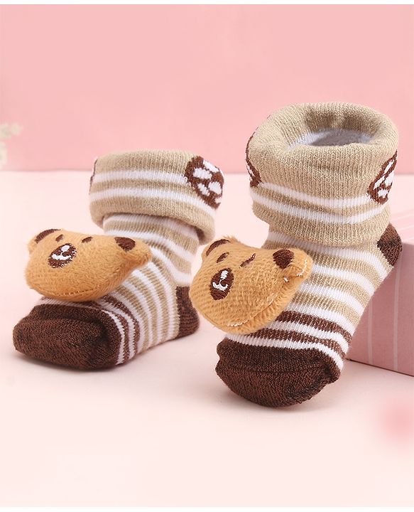 Cute Walk by Babyhug Socks With Large Bear Applique -Tan