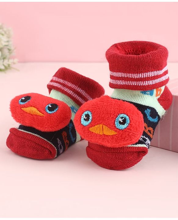 Cute Walk by Babyhug Fabric Socks Shoes With Alphabet Large Bird Applique - Red