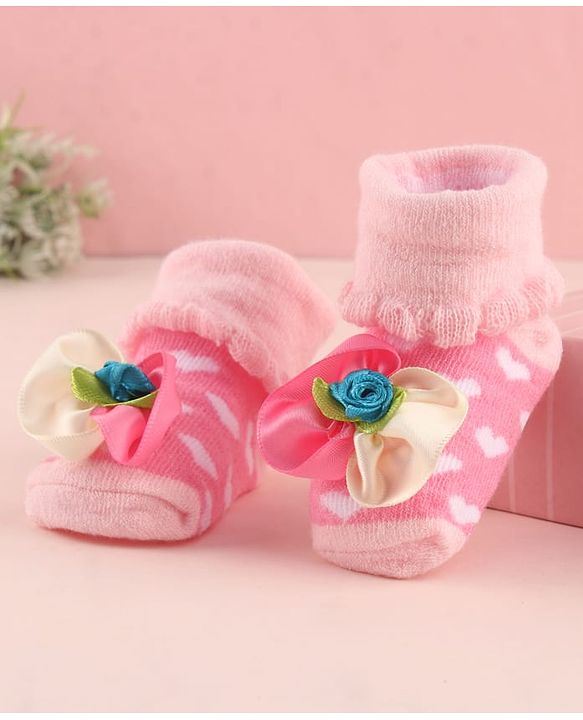 Cute Walk by Babyhug Large Floral Applique Sock Shoes With Hearts Design - Pink