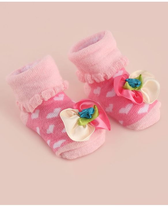 Cute Walk by Babyhug Large Floral Applique Sock Shoes With Hearts Design - Pink