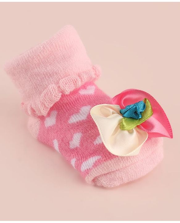 Cute Walk by Babyhug Large Floral Applique Sock Shoes With Hearts Design - Pink