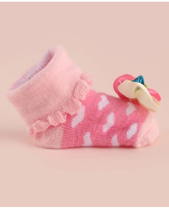 Cute Walk by Babyhug Large Floral Applique Sock Shoes With Hearts Design - Pink