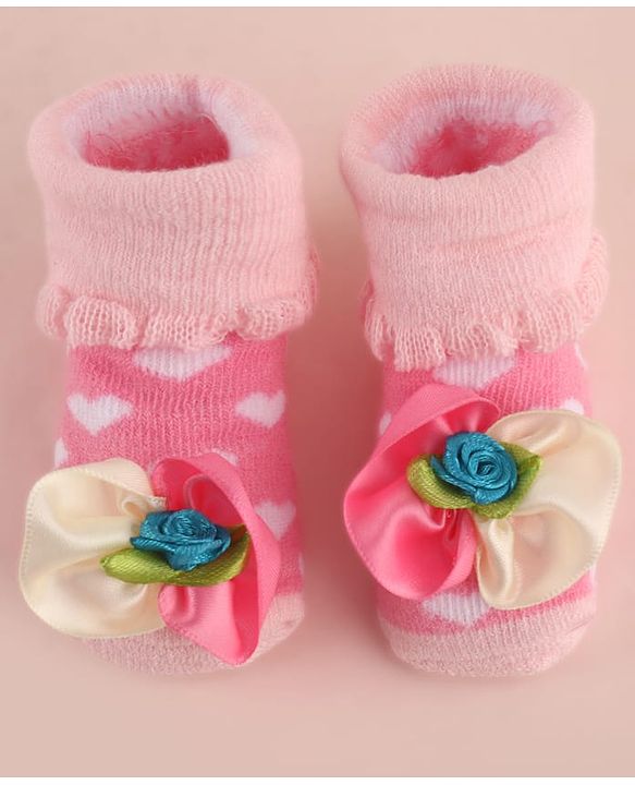 Cute Walk by Babyhug Large Floral Applique Sock Shoes With Hearts Design - Pink