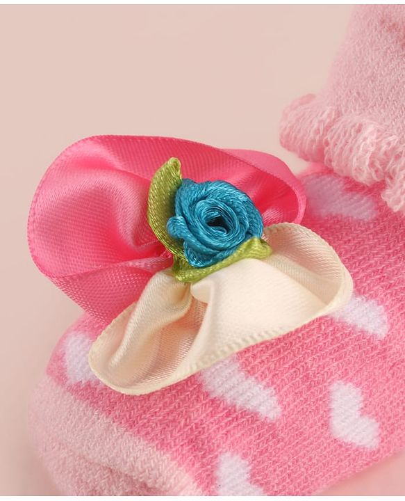 Cute Walk by Babyhug Large Floral Applique Sock Shoes With Hearts Design - Pink