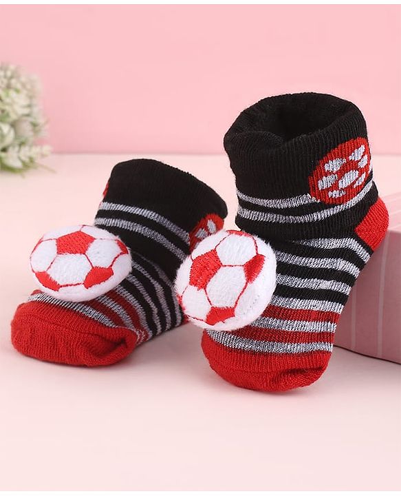 Cute Walk by Babyhug Fabric Striped Socks Shoes With Large Football Applique - Black