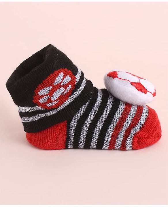 Cute Walk by Babyhug Fabric Striped Socks Shoes With Large Football Applique - Black