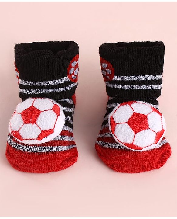 Cute Walk by Babyhug Fabric Striped Socks Shoes With Large Football Applique - Black