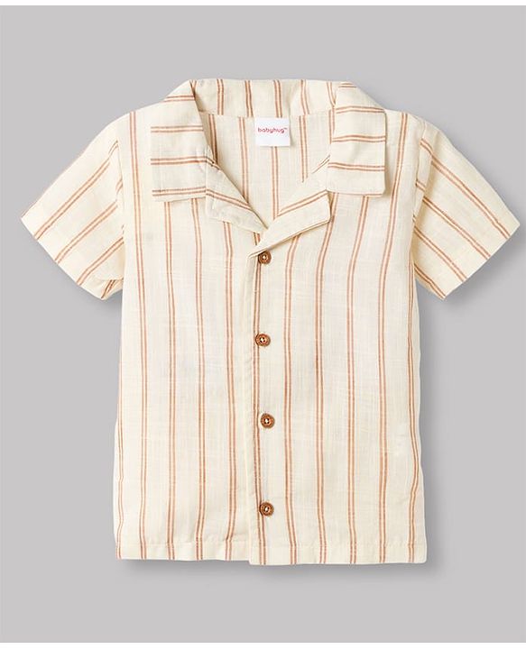 Babyhug 100% Cotton Knit Half Sleeves Striped Shirt and Shorts Set-Cream