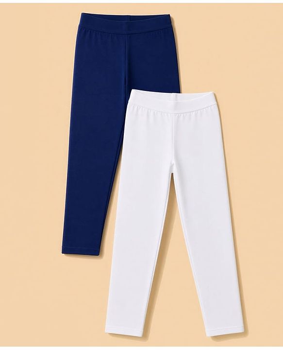 Pine Kids Cotton Lycra Knit Full Length Solid Colour Leggings Pack of 2 - White & Navy