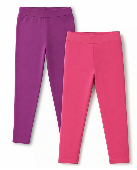 Pine Kids Cotton Lycra Knit Full Length Solid Leggings Pack Of 2 - Dark Pink & Purple