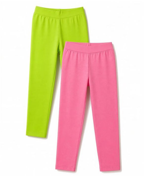 Pine Kids Cotton Lycra Knit Full Length Solid Colour Leggings Pack of 2 - Limegreen & Pink