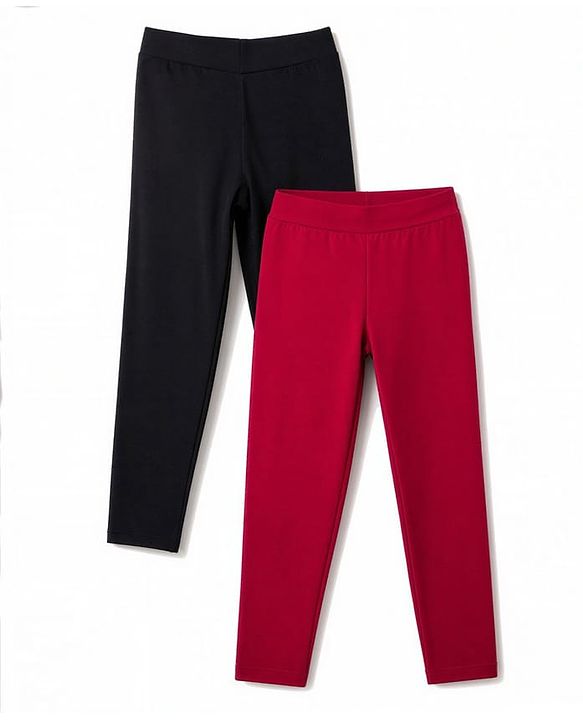 Pine Kids Cotton Lycra Knit Full Length Solid Colour Leggings Pack of 2 - Black & Maroon