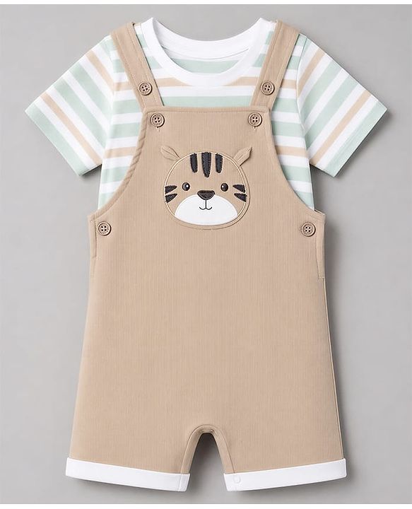 Babyhug 100% Cotton Knit Half Sleeves Striped & Tiger Embroidered Dungaree With Inner Tee - Beige