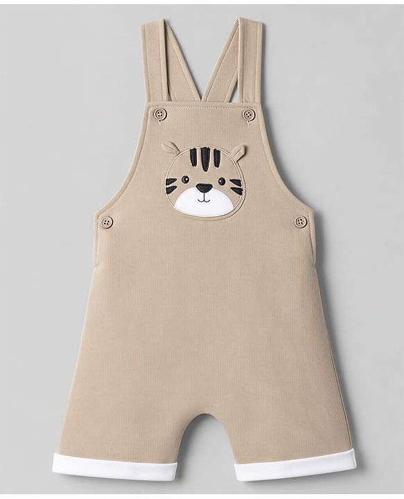 Babyhug 100% Cotton Knit Half Sleeves Striped & Tiger Embroidered Dungaree With Inner Tee - Beige