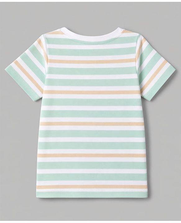 Babyhug 100% Cotton Knit Half Sleeves Striped & Tiger Embroidered Dungaree With Inner Tee - Beige