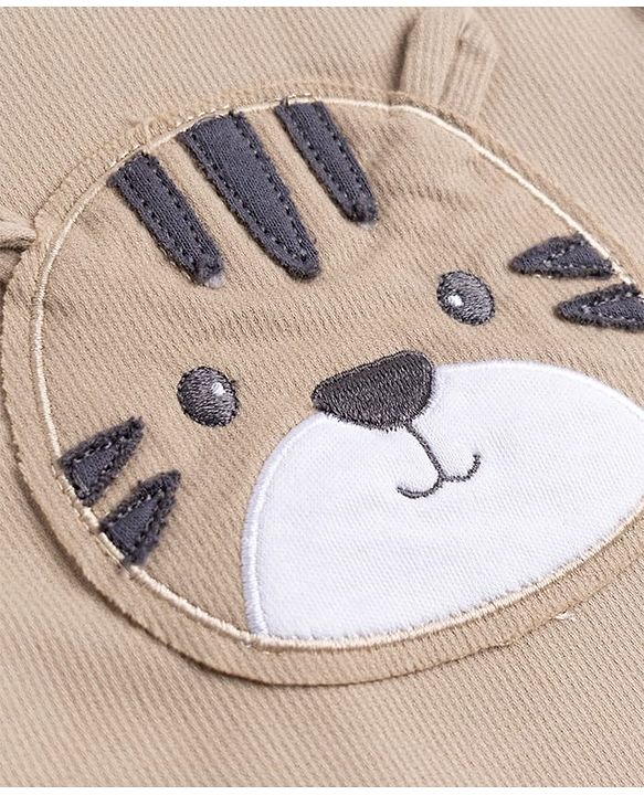 Babyhug 100% Cotton Knit Half Sleeves Striped & Tiger Embroidered Dungaree With Inner Tee - Beige