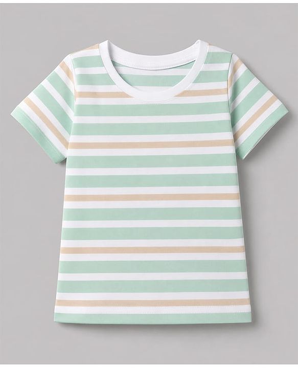 Babyhug 100% Cotton Knit Half Sleeves Striped & Tiger Embroidered Dungaree With Inner Tee - Beige