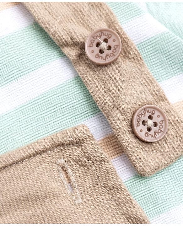 Babyhug 100% Cotton Knit Half Sleeves Striped & Tiger Embroidered Dungaree With Inner Tee - Beige