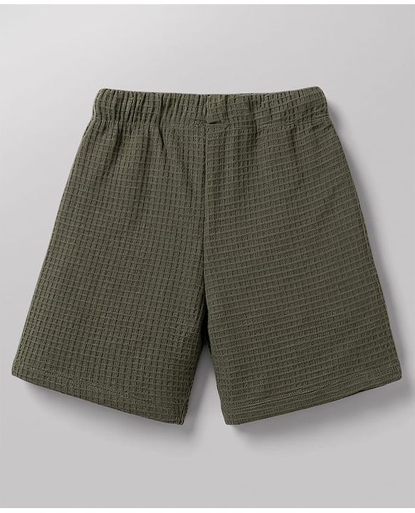 Babyhug Waffle 100% Cotton Knit Half Sleeves Shirt & Shorts Set With Text Printed Inner Tee - Olive Green