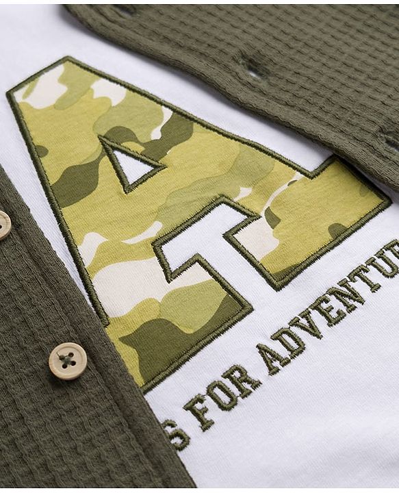 Babyhug Waffle 100% Cotton Knit Half Sleeves Shirt & Shorts Set With Text Printed Inner Tee - Olive Green