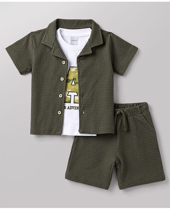 Babyhug Waffle 100% Cotton Knit Half Sleeves Shirt & Shorts Set With Text Printed Inner Tee - Olive Green