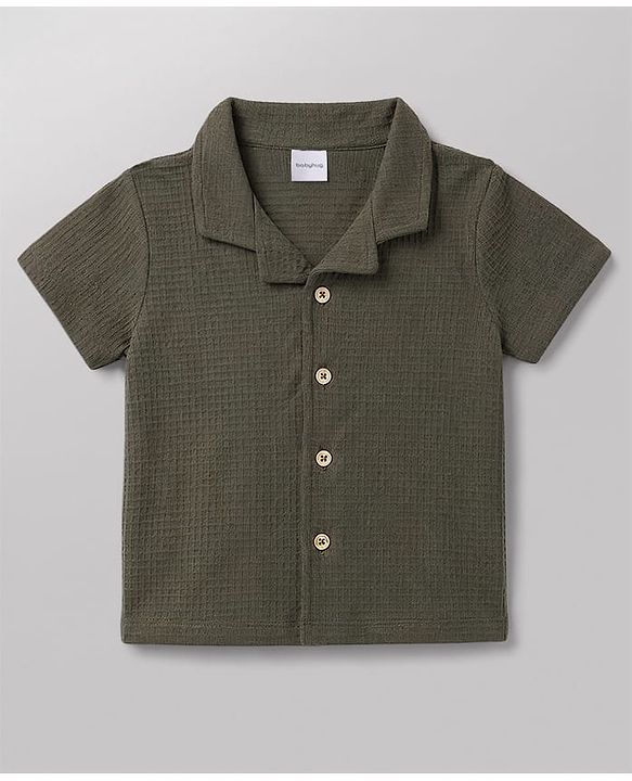 Babyhug Waffle 100% Cotton Knit Half Sleeves Shirt & Shorts Set With Text Printed Inner Tee - Olive Green