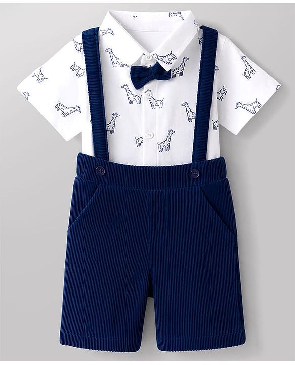 Babyhug 100% Cotton Single Jersey Knit Half Sleeves Giraffe Print Shirt & Shorts Set With Suspender & Bow - White & Navy Blue
