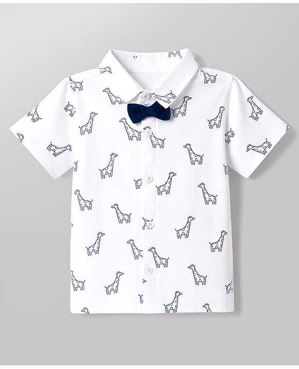 Babyhug 100% Cotton Single Jersey Knit Half Sleeves Giraffe Print Shirt & Shorts Set With Suspender & Bow - White & Navy Blue