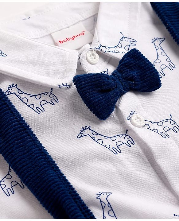 Babyhug 100% Cotton Single Jersey Knit Half Sleeves Giraffe Print Shirt & Shorts Set With Suspender & Bow - White & Navy Blue