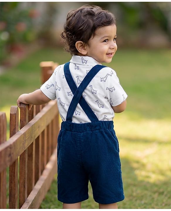 Babyhug 100% Cotton Single Jersey Knit Half Sleeves Giraffe Print Shirt & Shorts Set With Suspender & Bow - White & Navy Blue