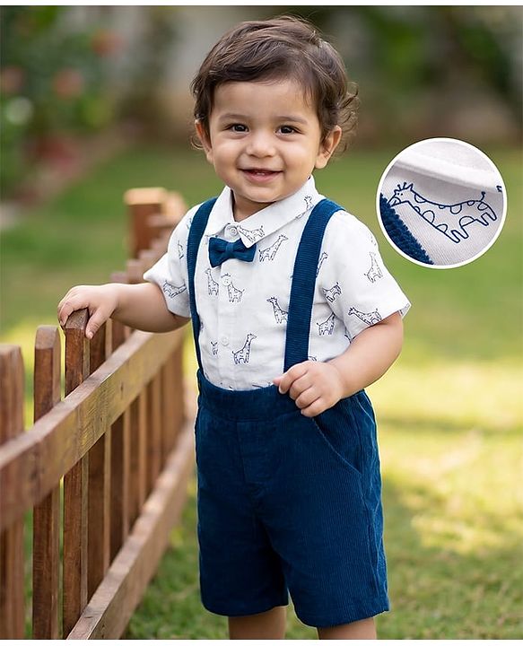 Babyhug 100% Cotton Single Jersey Knit Half Sleeves Giraffe Print Shirt & Shorts Set With Suspender & Bow - White & Navy Blue