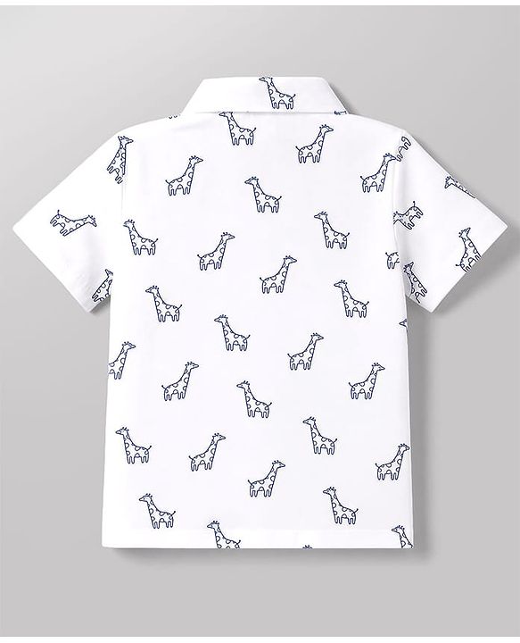 Babyhug 100% Cotton Single Jersey Knit Half Sleeves Giraffe Print Shirt & Shorts Set With Suspender & Bow - White & Navy Blue