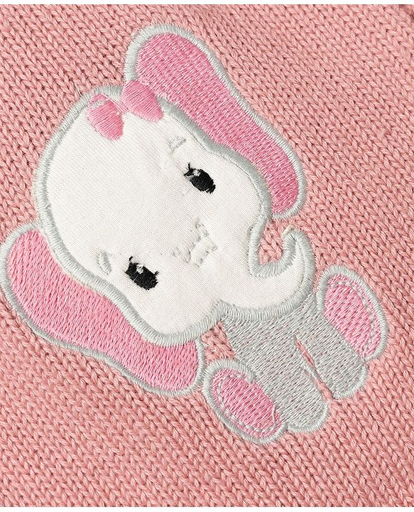 Babyhug 100% Cotton Knit Full Sleeves Elephant Patch Sweater set with Cap - Light Pink