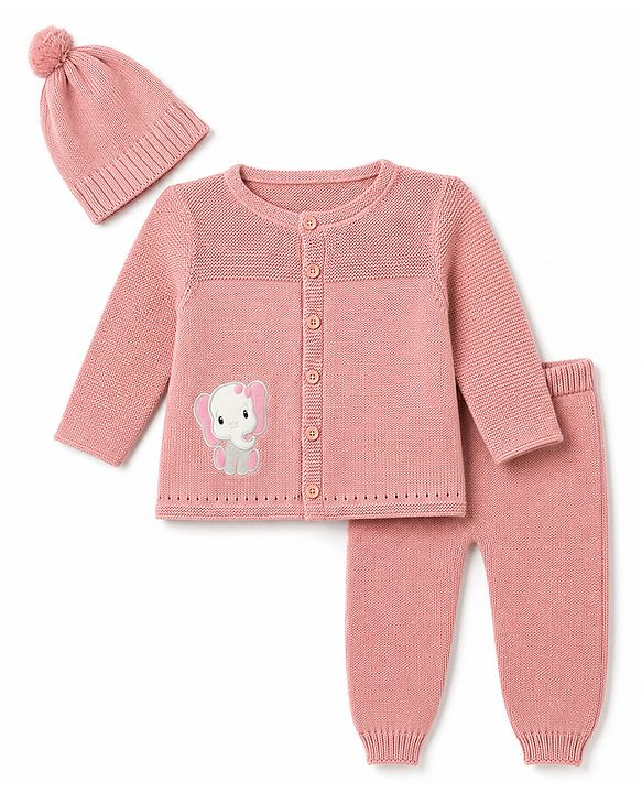 Babyhug 100% Cotton Knit Full Sleeves Elephant Patch Sweater set with Cap - Light Pink