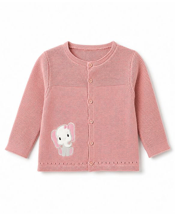Babyhug 100% Cotton Knit Full Sleeves Elephant Patch Sweater set with Cap - Light Pink