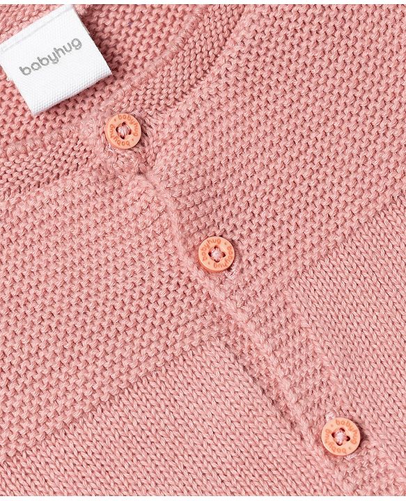 Babyhug 100% Cotton Knit Full Sleeves Elephant Patch Sweater set with Cap - Light Pink