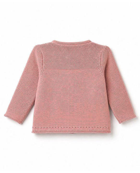 Babyhug 100% Cotton Knit Full Sleeves Elephant Patch Sweater set with Cap - Light Pink
