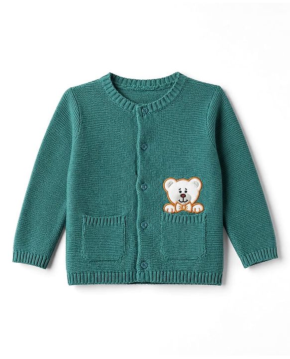 Babyhug 100 % Cotton Knit Front Open Sweater Set With Cap & Bear Applique - Teal Blue