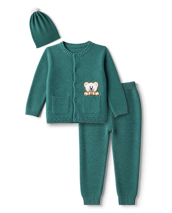Babyhug 100 % Cotton Knit Front Open Sweater Set With Cap & Bear Applique - Teal Blue