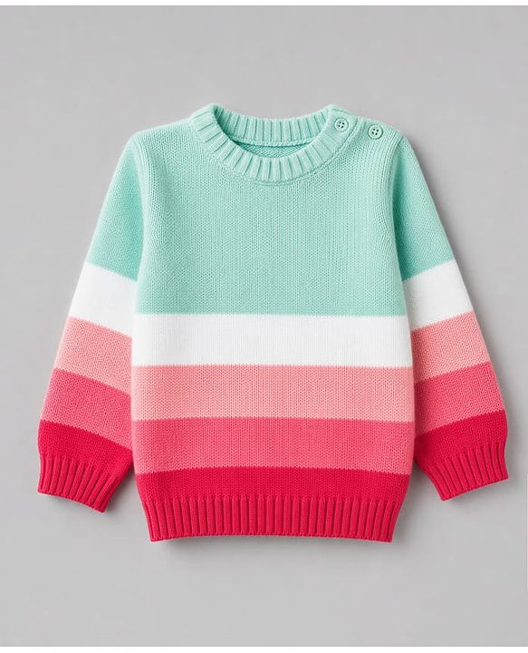 Babyhug Natural 100% Cotton Knit Full Sleeves Colour Block Sweater Set with Cap -Sea Green