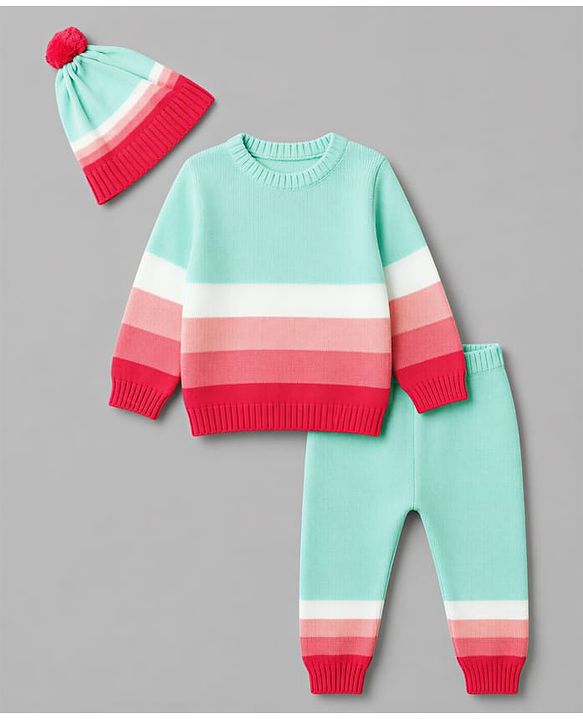 Babyhug Natural 100% Cotton Knit Full Sleeves Colour Block Sweater Set with Cap -Sea Green