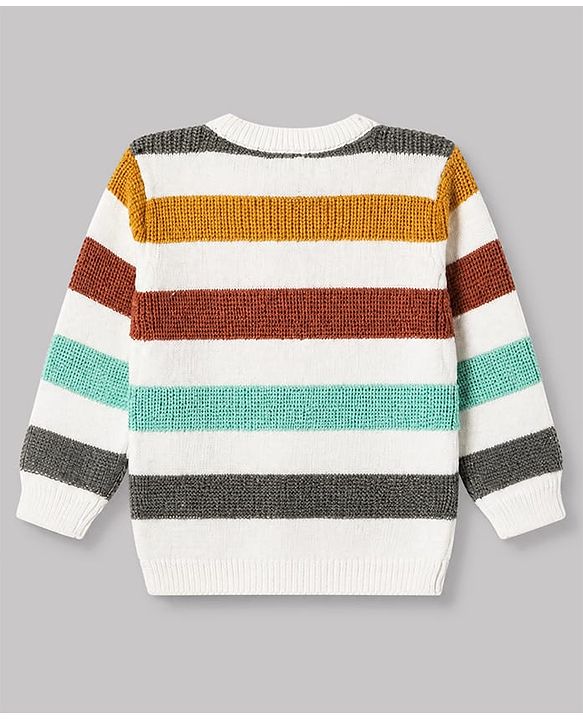 Babyhug 100% Cotton Knit Full Sleeves Striped Sweater Set with Cap - White